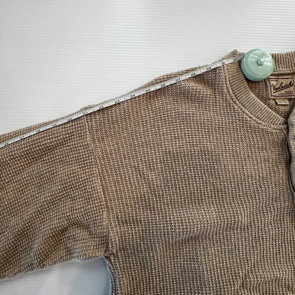 Woolrich Henley Sweater Men's L Oatmeal Beige Waffle Knit Thermal Cotton Cozy